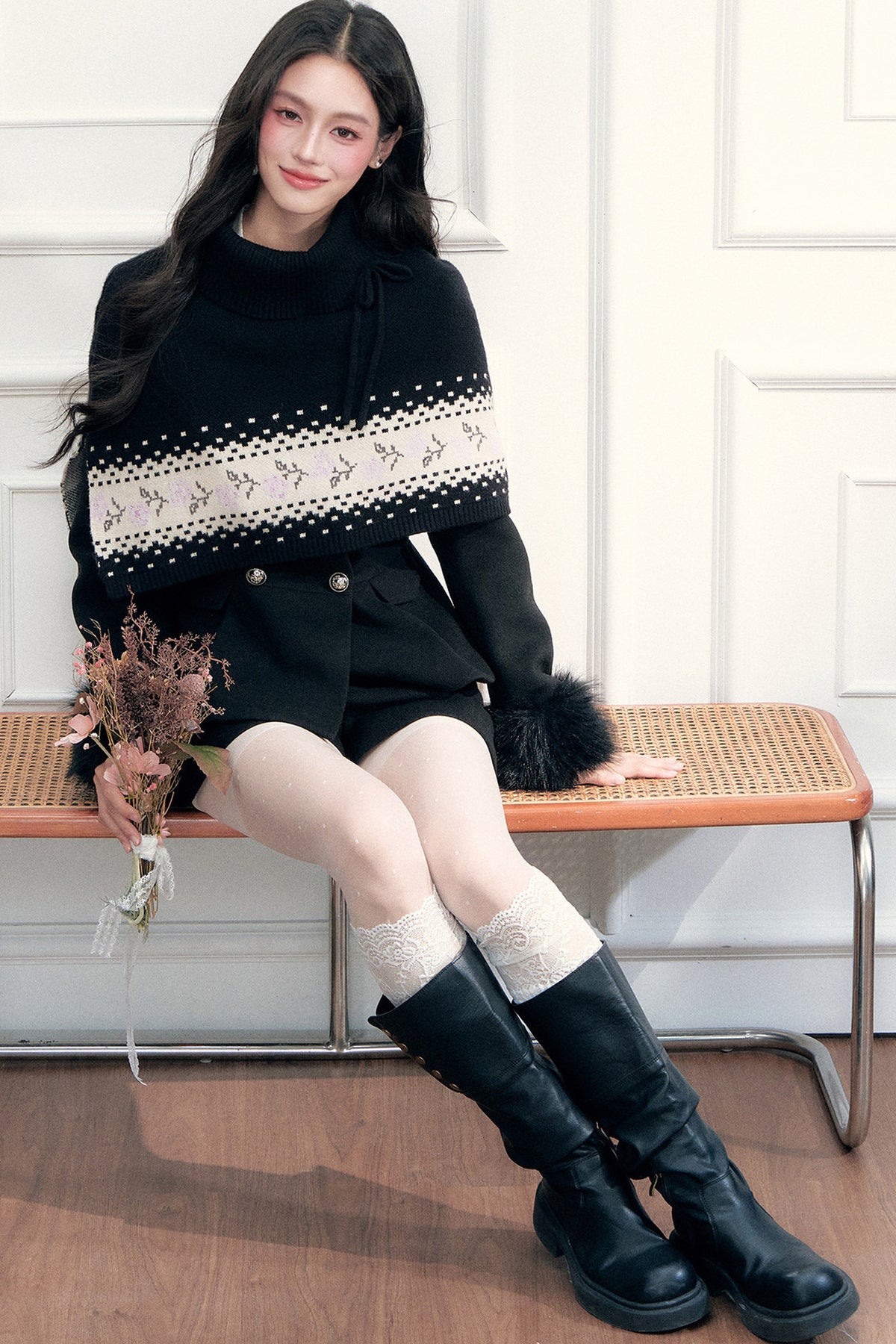 Fair Isle Tie Shawl Cape