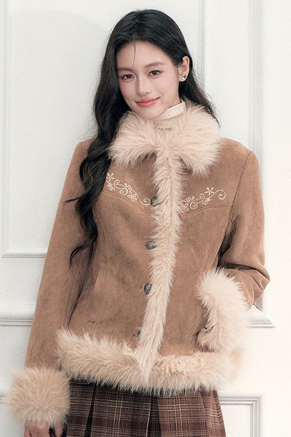Embroidered Suede Faux Fur Jacket