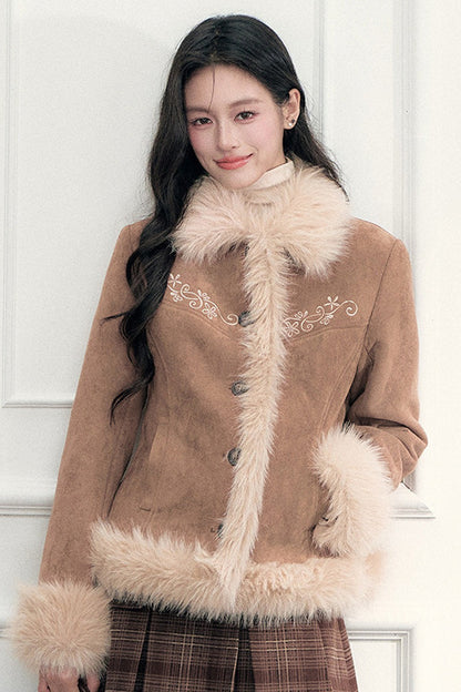 Embroidered Suede Faux Fur Jacket