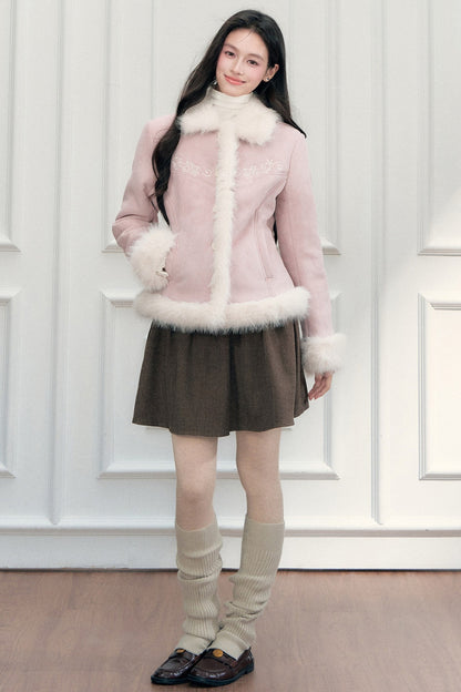 Embroidered Suede Faux Fur Jacket