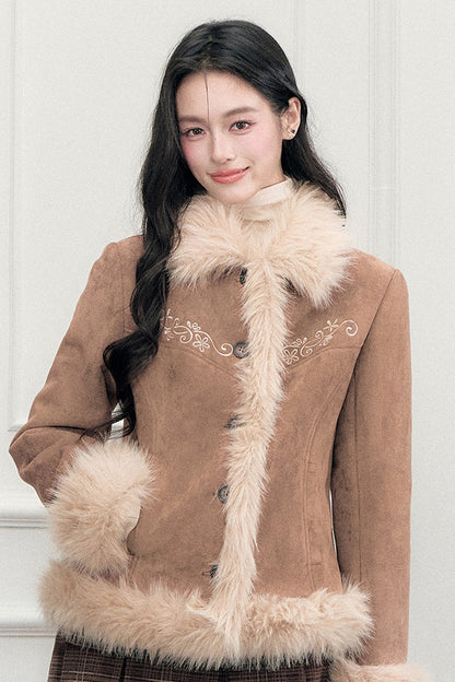 Embroidered Suede Faux Fur Jacket
