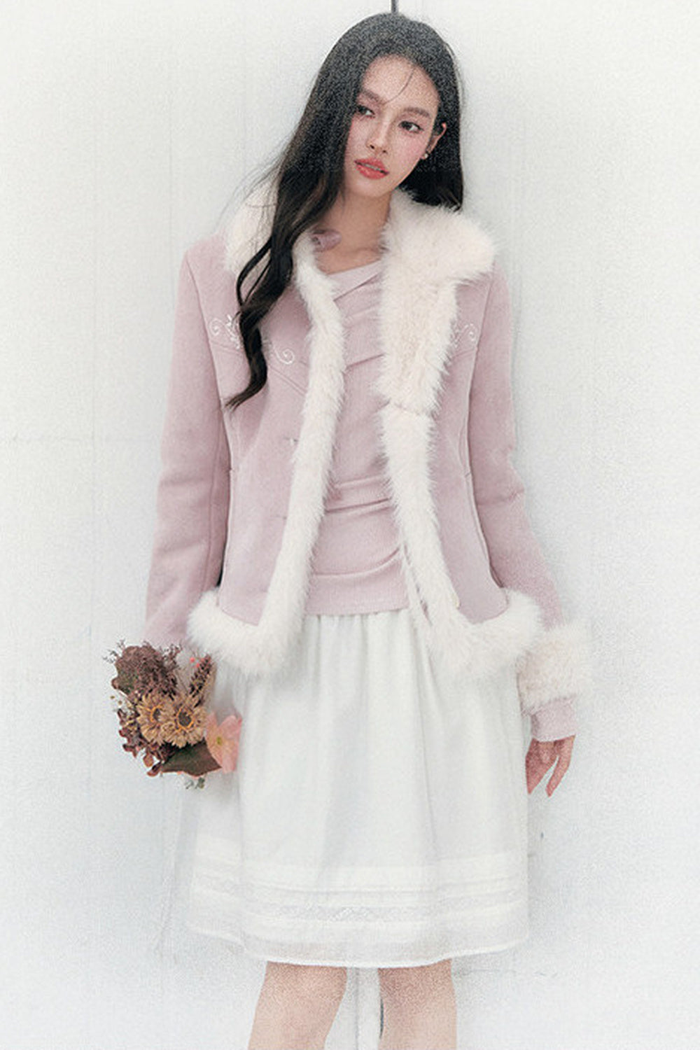 Embroidered Suede Faux Fur Jacket