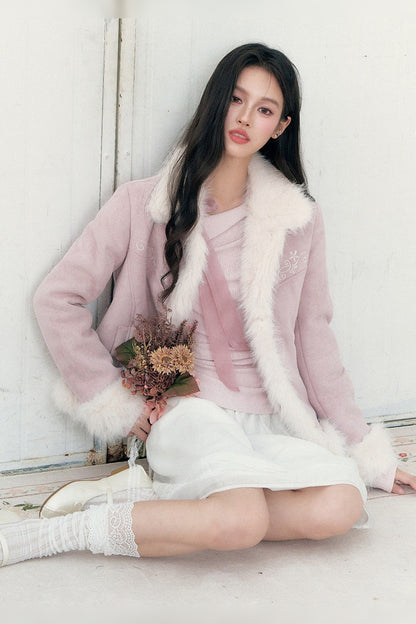 Embroidered Suede Faux Fur Jacket