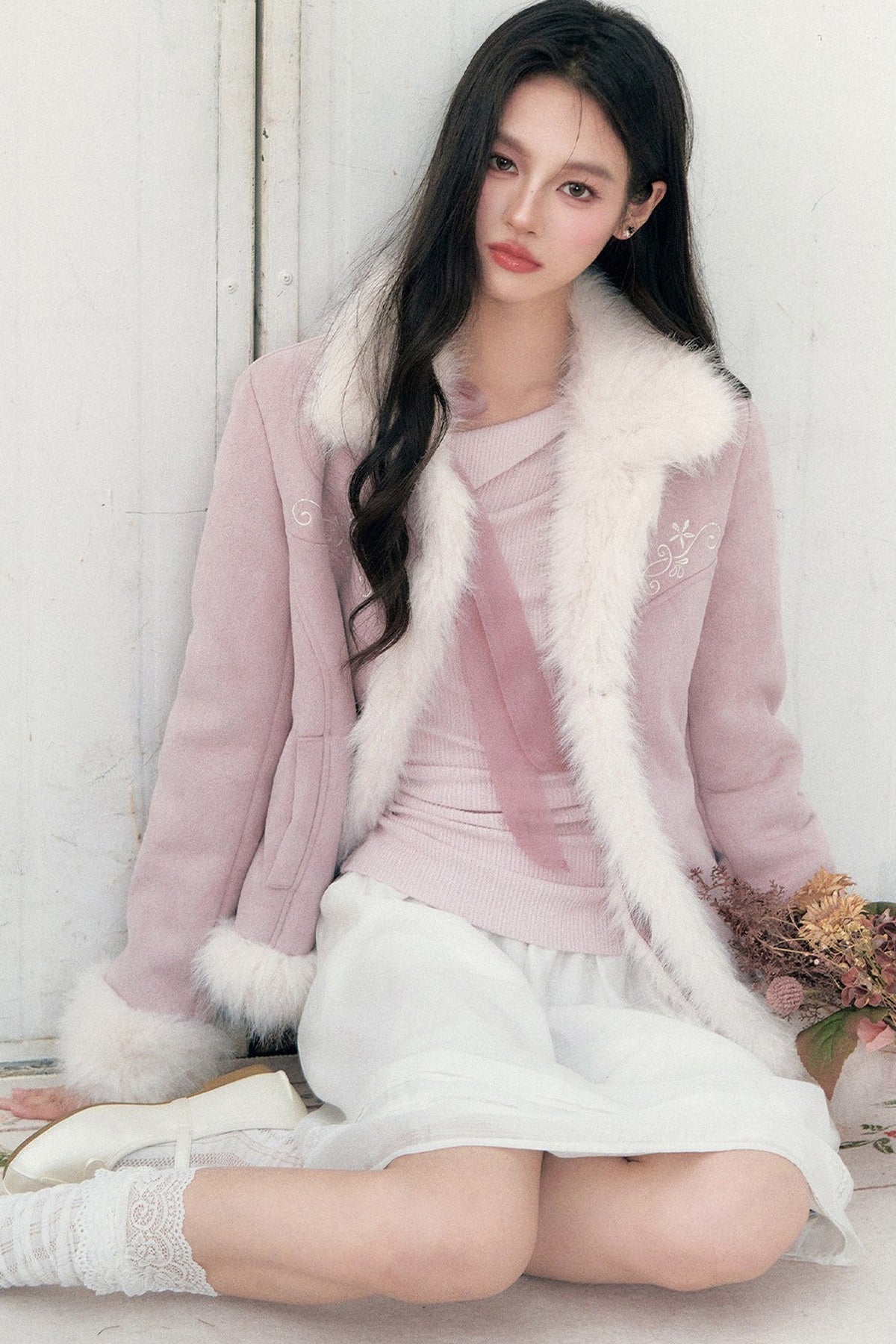Embroidered Suede Faux Fur Jacket