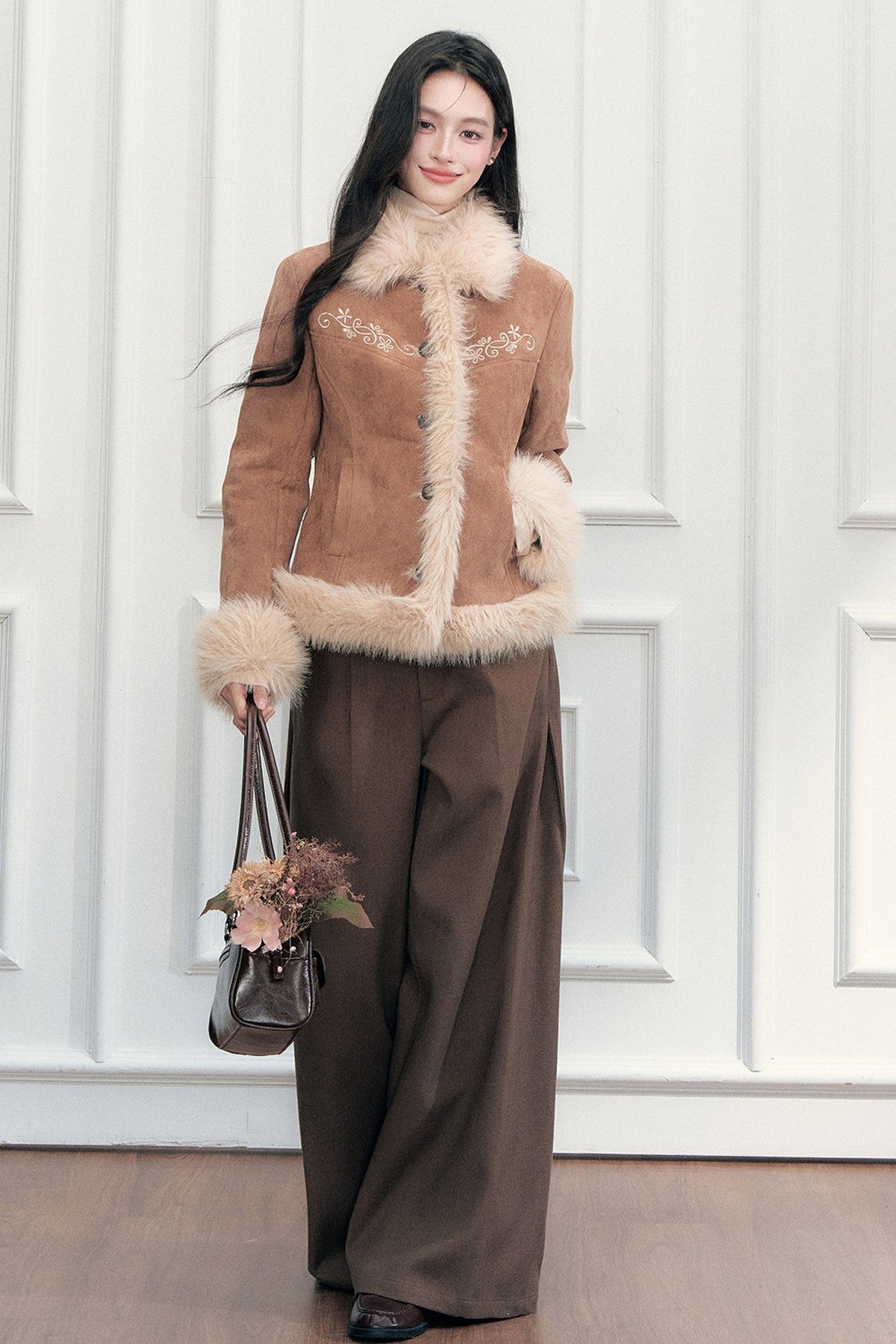 Embroidered Suede Faux Fur Jacket