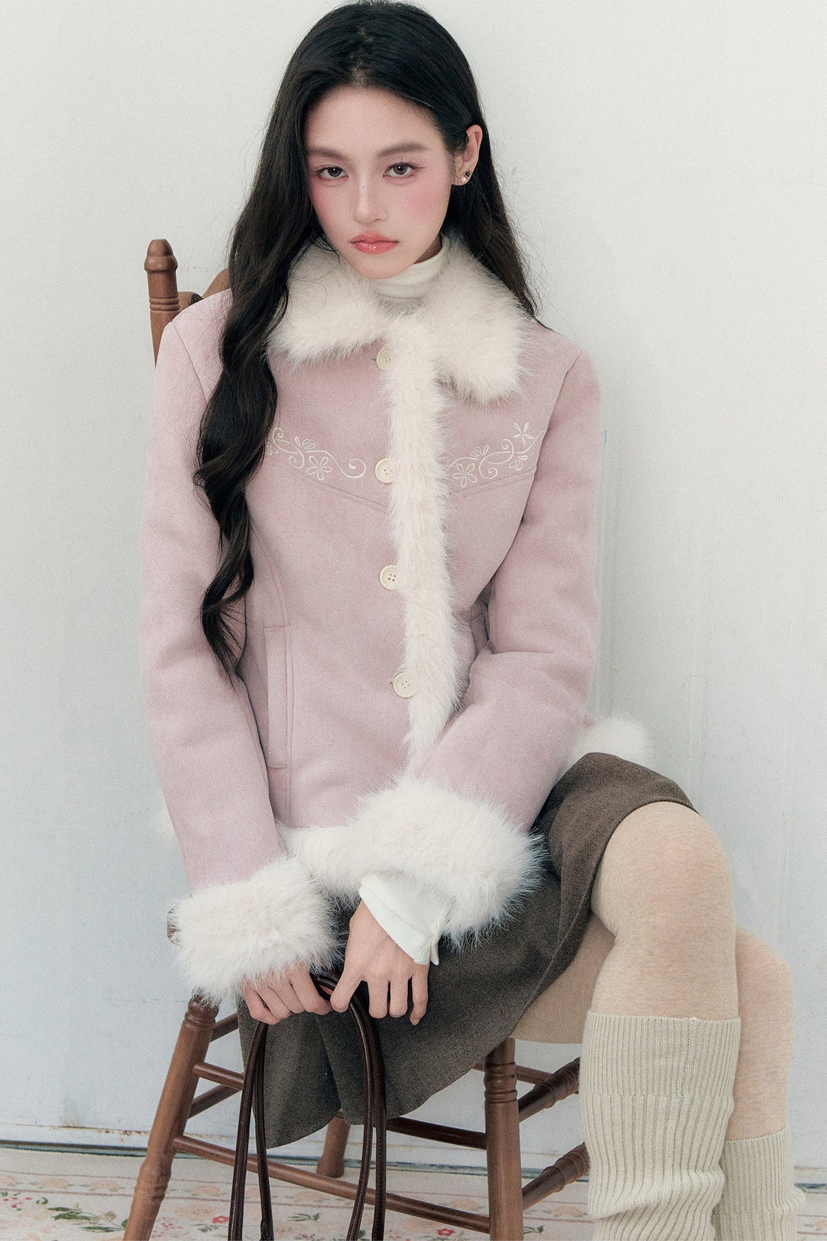 Embroidered Suede Faux Fur Jacket
