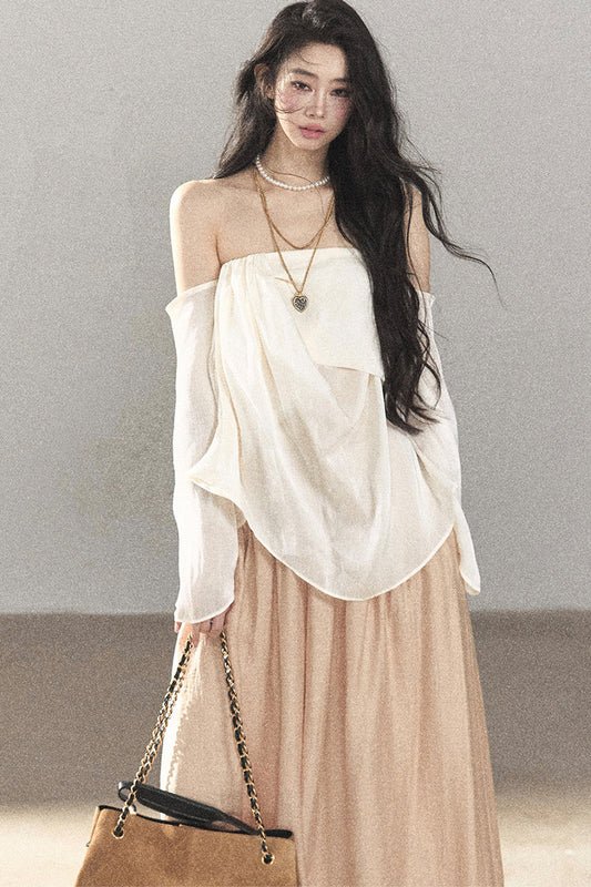 Ein-Schulter-Bluse im koreanischen Stil aus dünnem Chiffon für Oberbekleidung