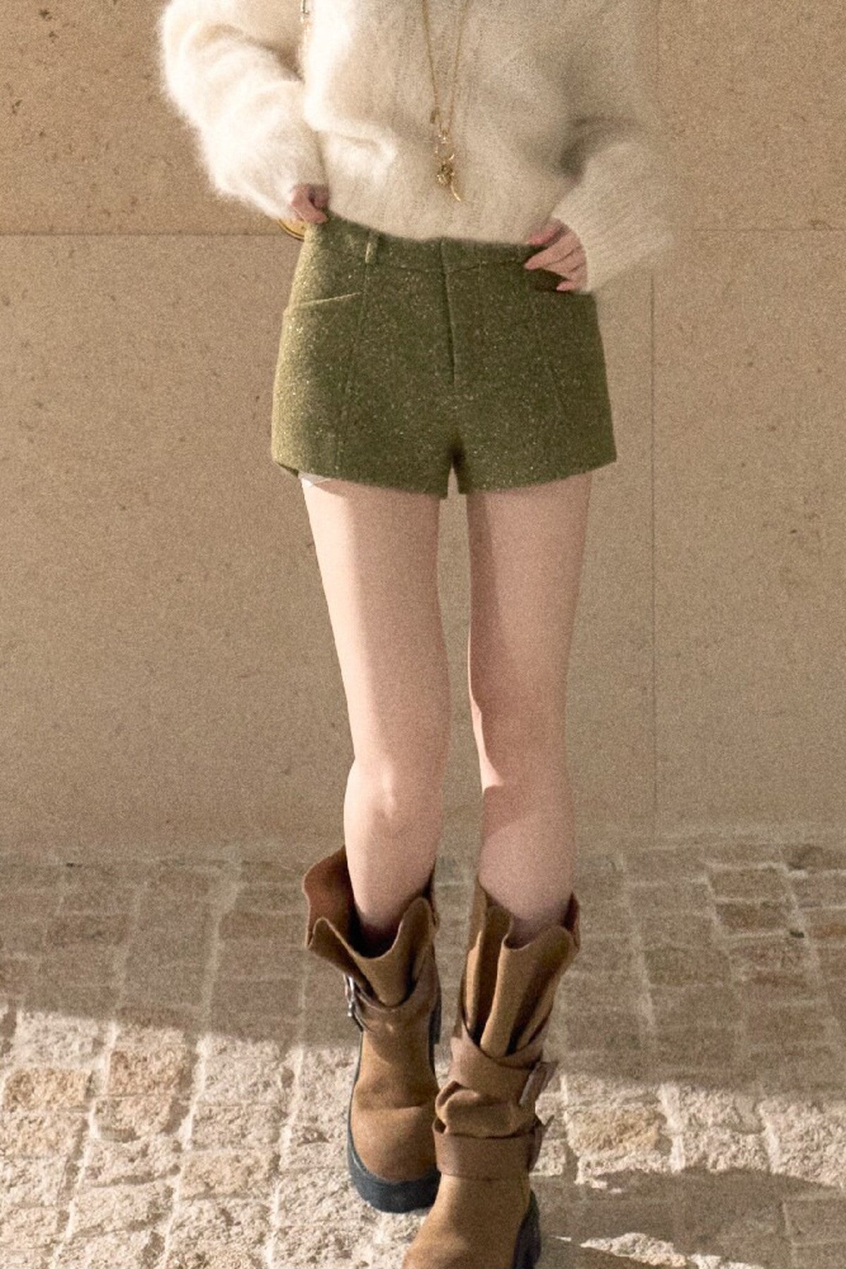 Gold Thread Wool Blend High-Waisted Shorts