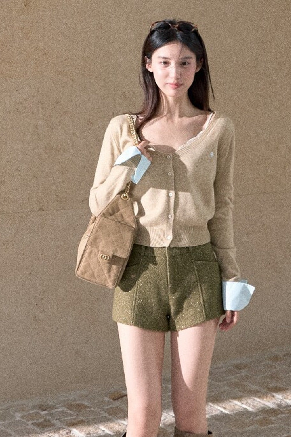 Gold Thread Wool Blend High-Waisted Shorts