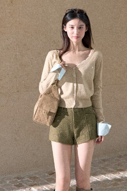 Gold Thread Wool Blend High-Waisted Shorts