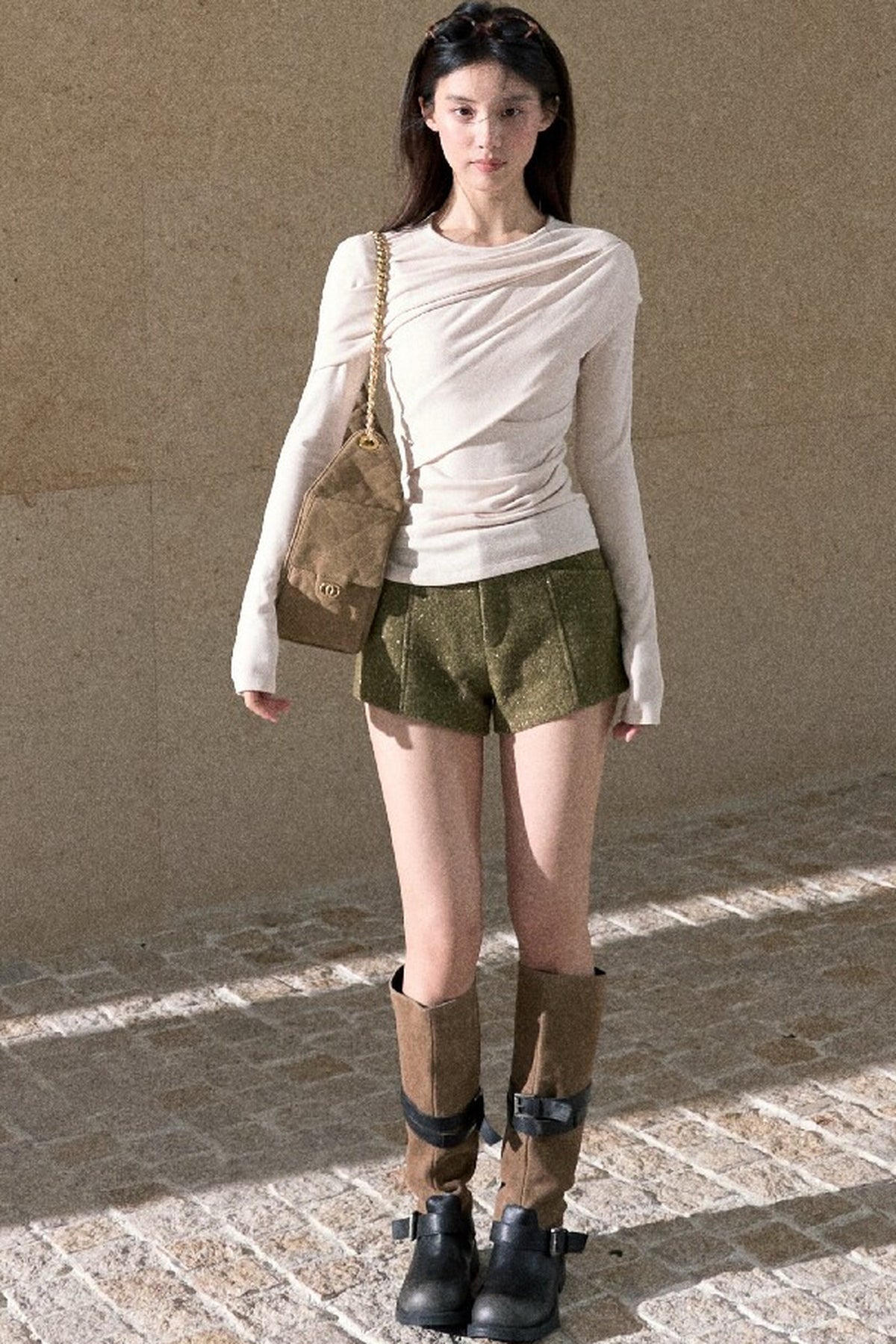 Gold Thread Wool Blend High-Waisted Shorts