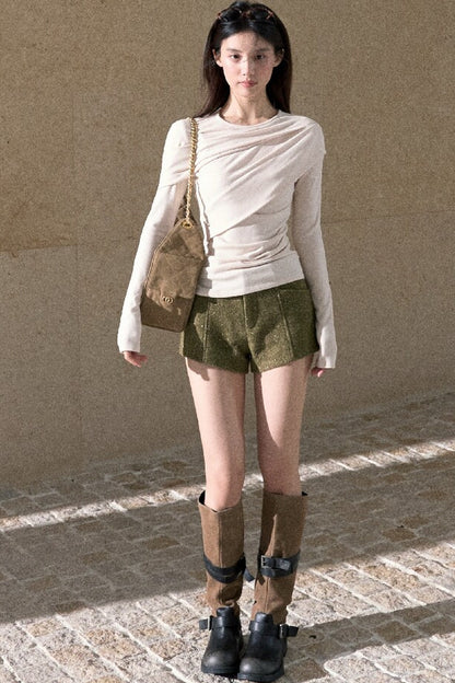 Gold Thread Wool Blend High-Waisted Shorts