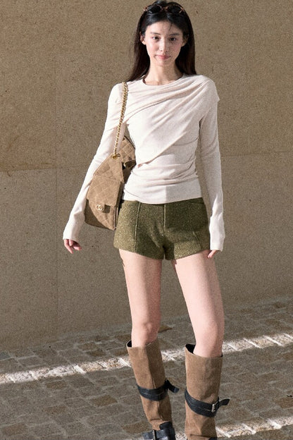 Gold Thread Wool Blend High-Waisted Shorts