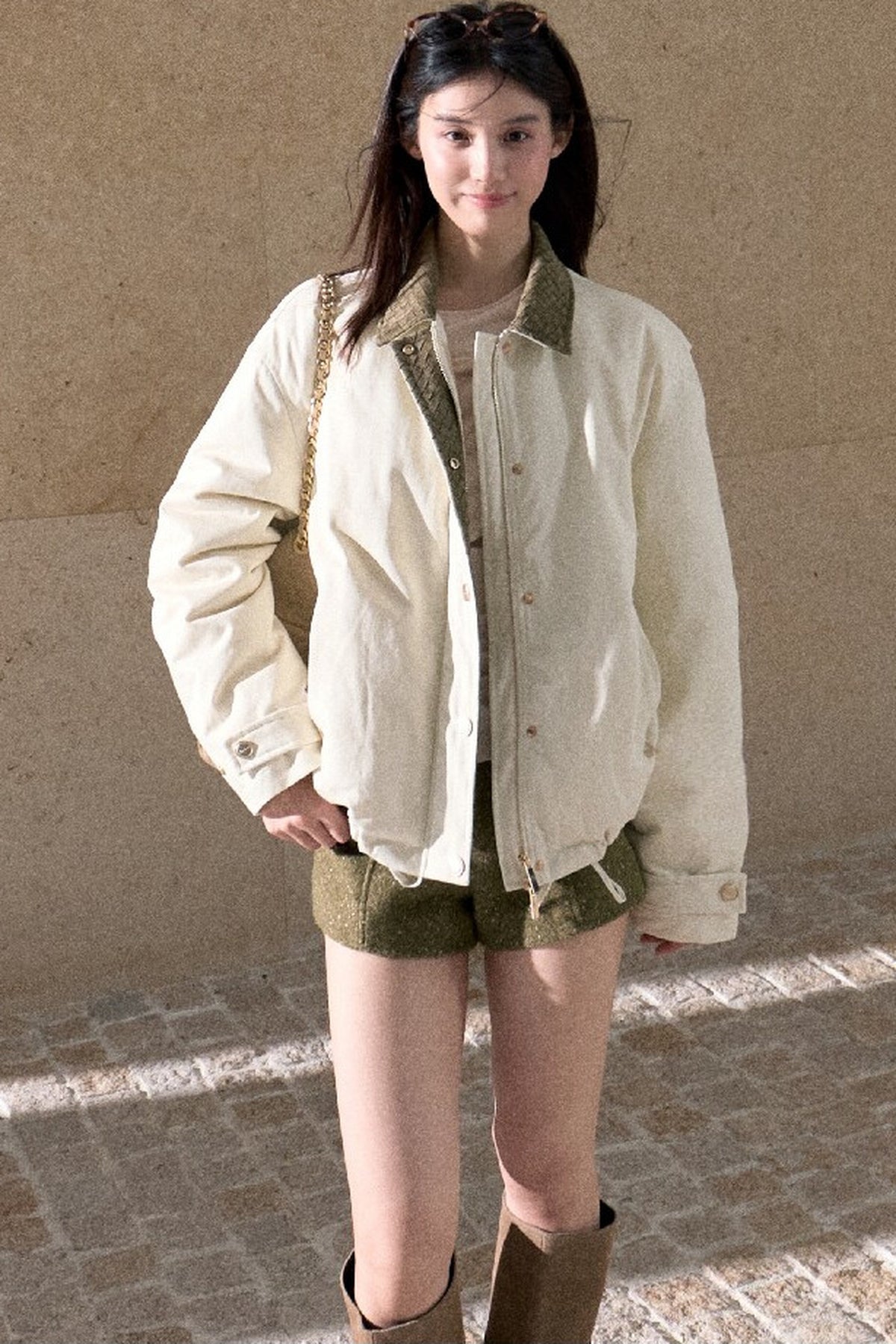 Gold Thread Wool Blend High-Waisted Shorts