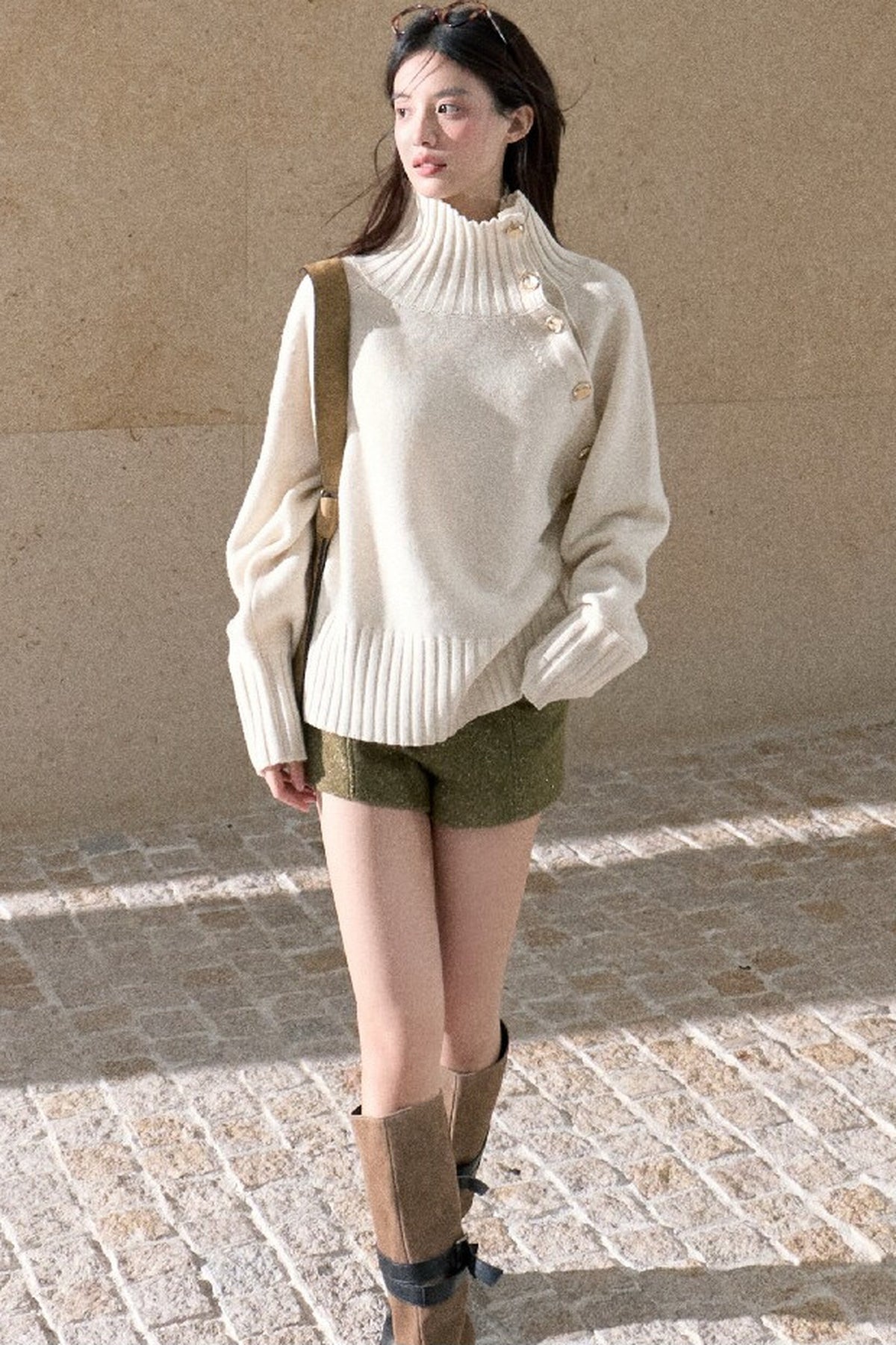 Gold Thread Wool Blend High-Waisted Shorts