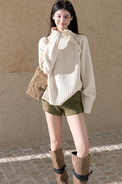 Gold Thread Wool Blend High-Waisted Shorts