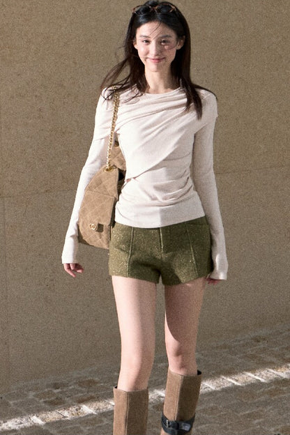 Gold Thread Wool Blend High-Waisted Shorts