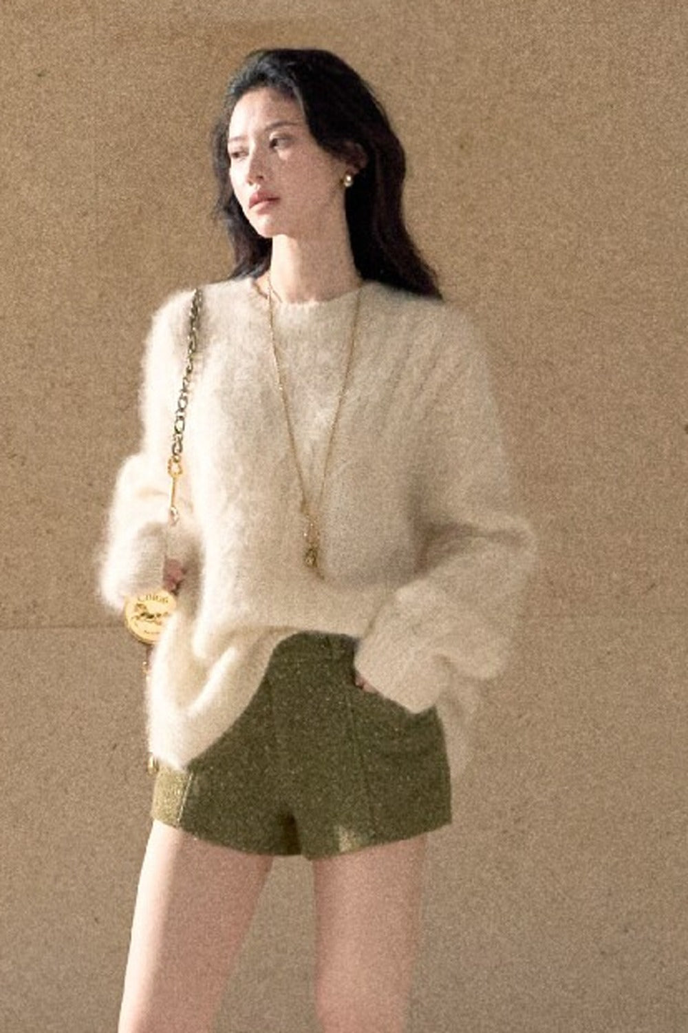 Gold Thread Wool Blend High-Waisted Shorts