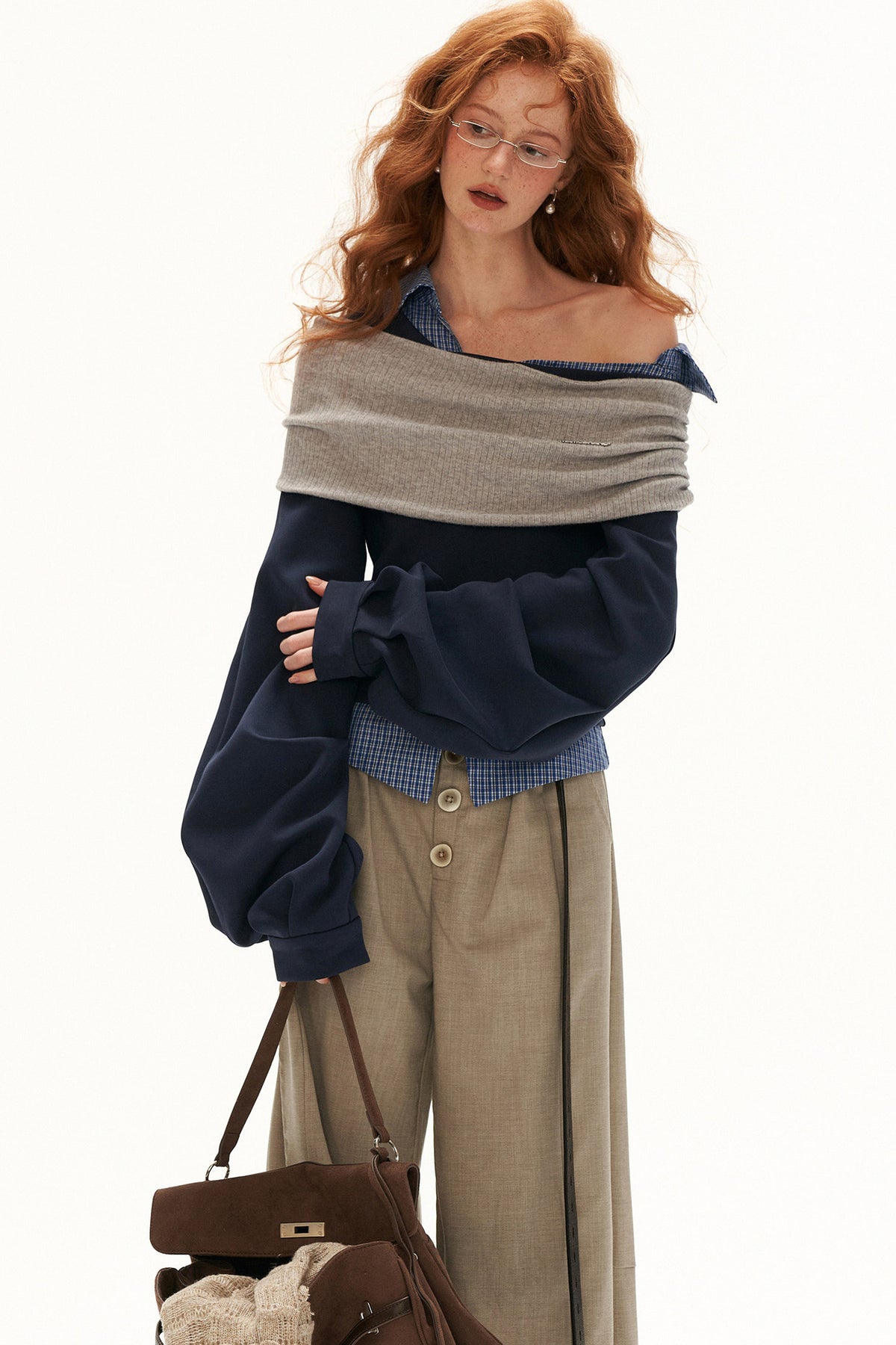 Plaid Patchwork Off-Shoulder Long-Sleeve Sweatshirt