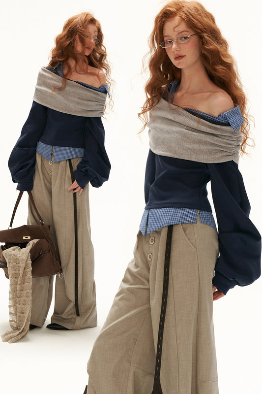 Plaid Patchwork Off-Shoulder Long-Sleeve Sweatshirt