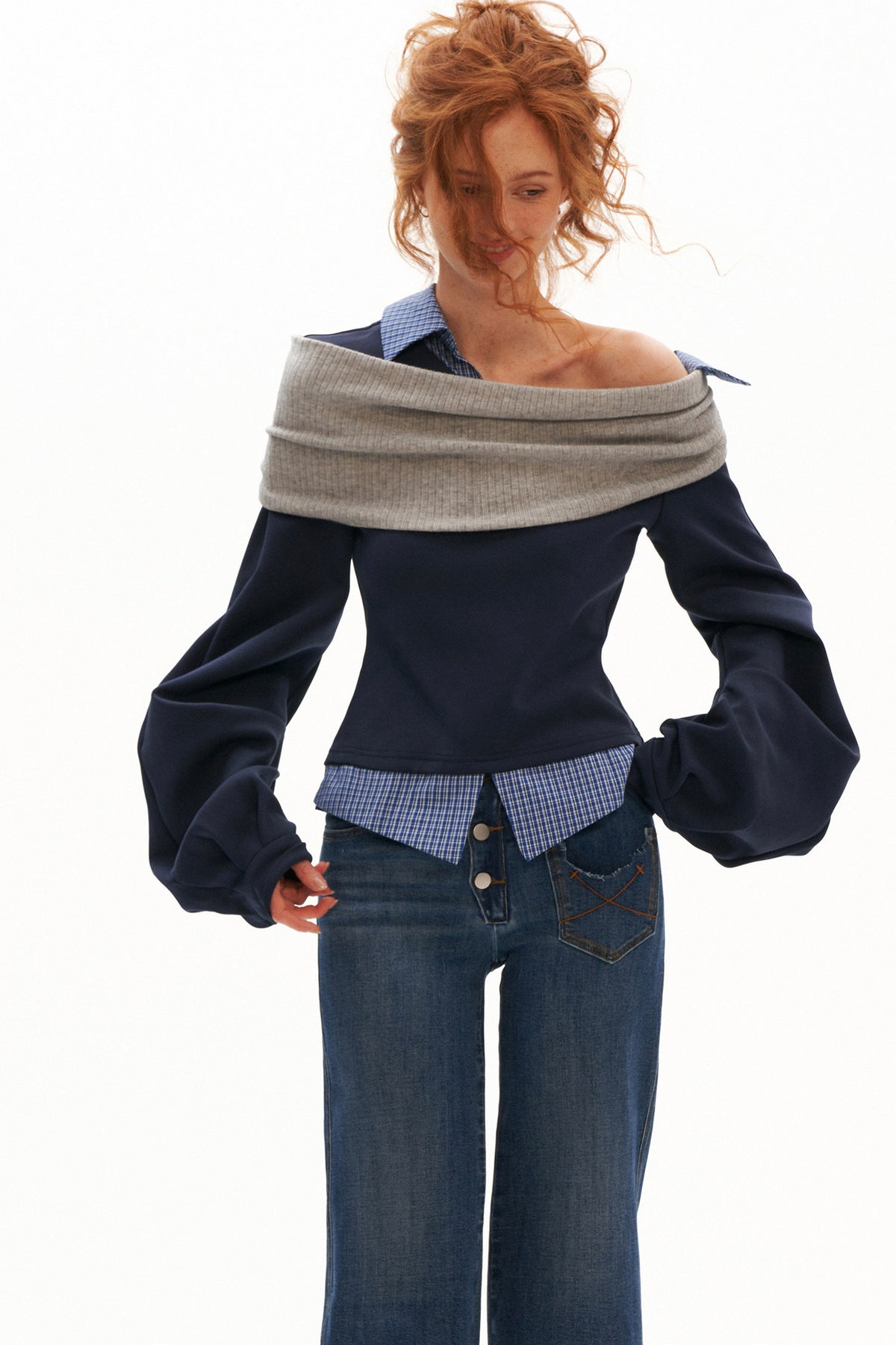 Plaid Patchwork Off-Shoulder Long-Sleeve Sweatshirt