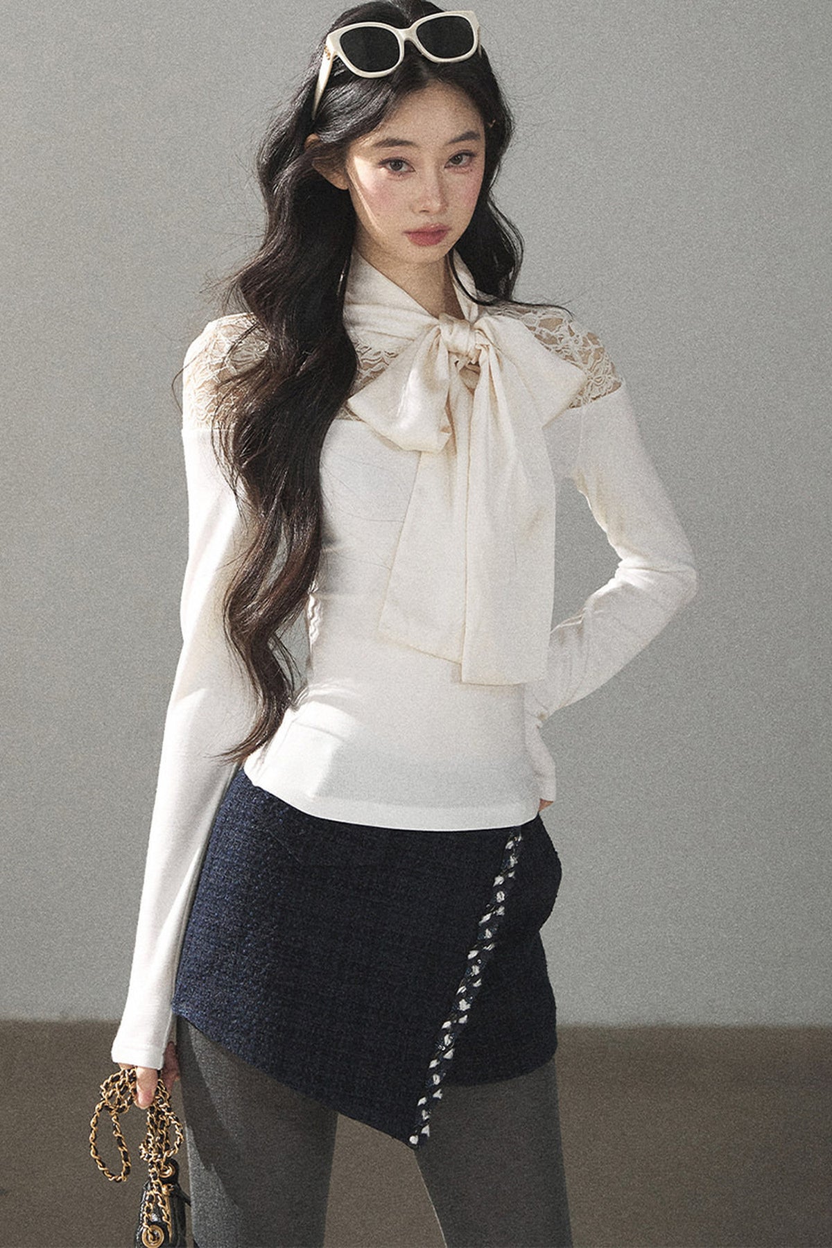 Bow Lace Hollow-Out Long-Sleeve T-Shirt Top