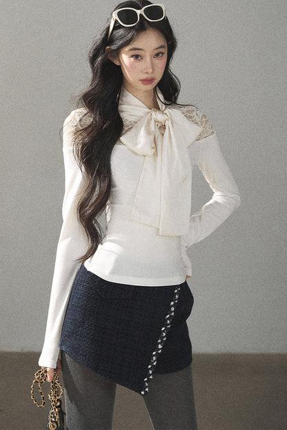 Bow Lace Hollow-Out Long-Sleeve T-Shirt Top