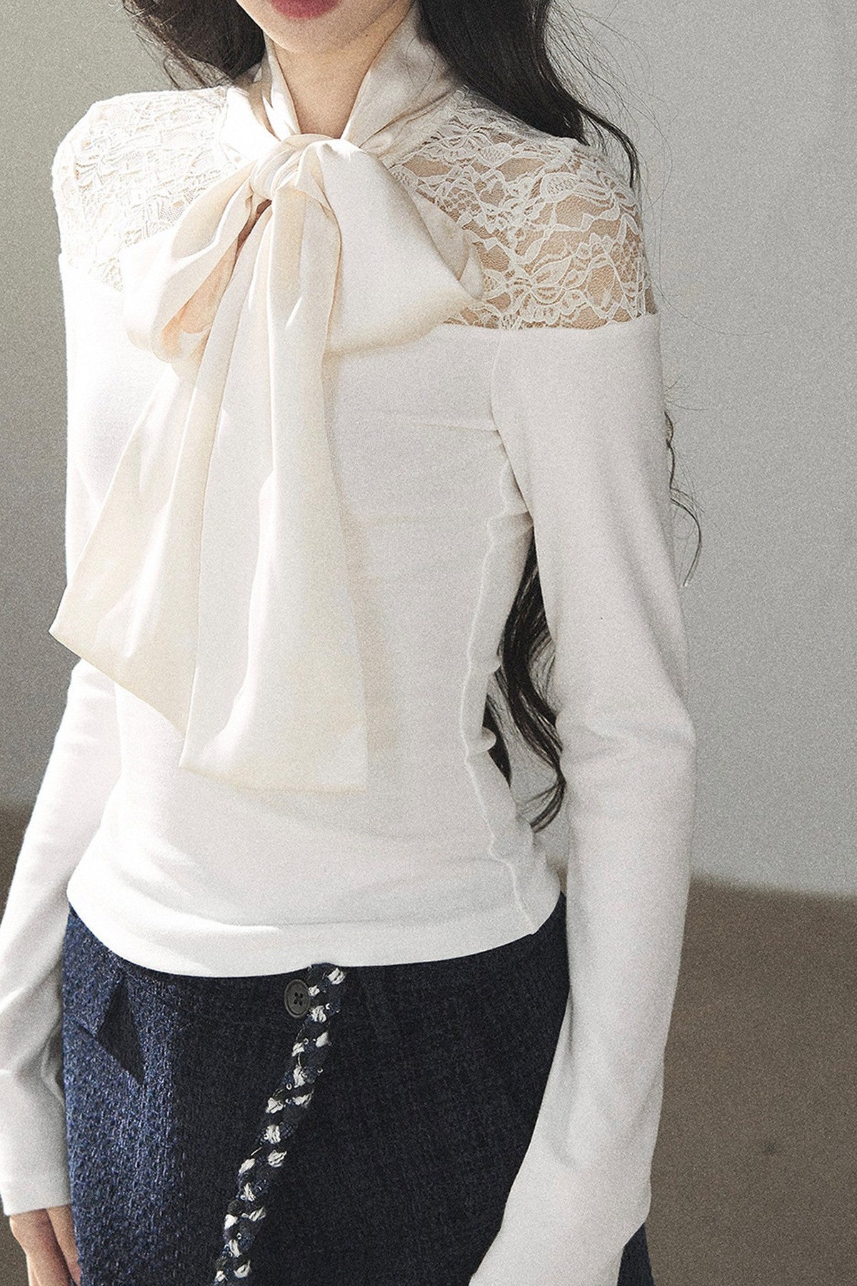 Bow Lace Hollow-Out Long-Sleeve T-Shirt Top