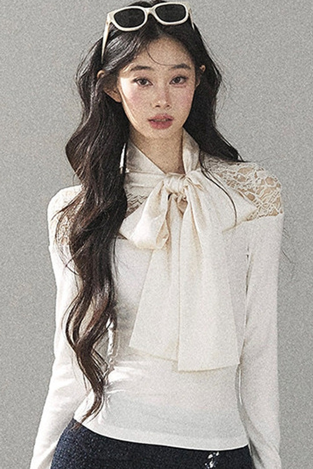 Bow Lace Hollow-Out Long-Sleeve T-Shirt Top