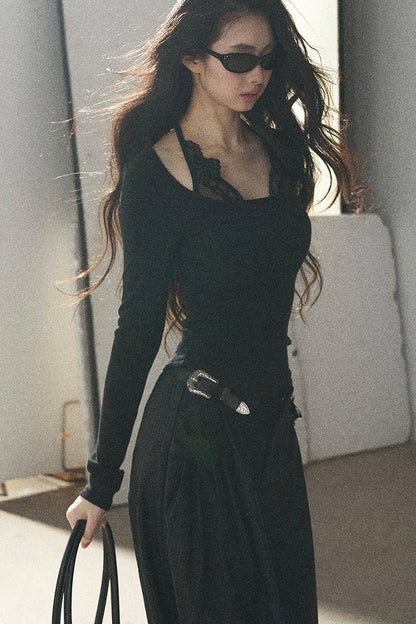 Camiseta halter de encaje con efecto de capas
