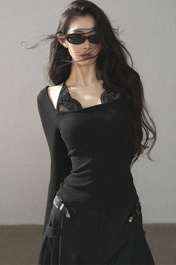 Camiseta halter de encaje con efecto de capas