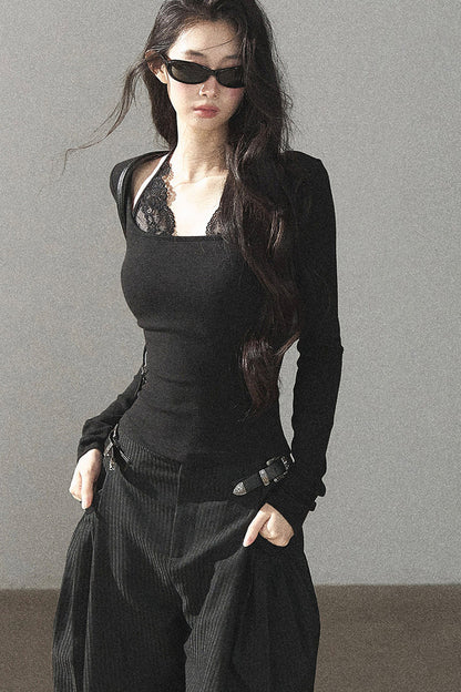 Camiseta halter de encaje con efecto de capas