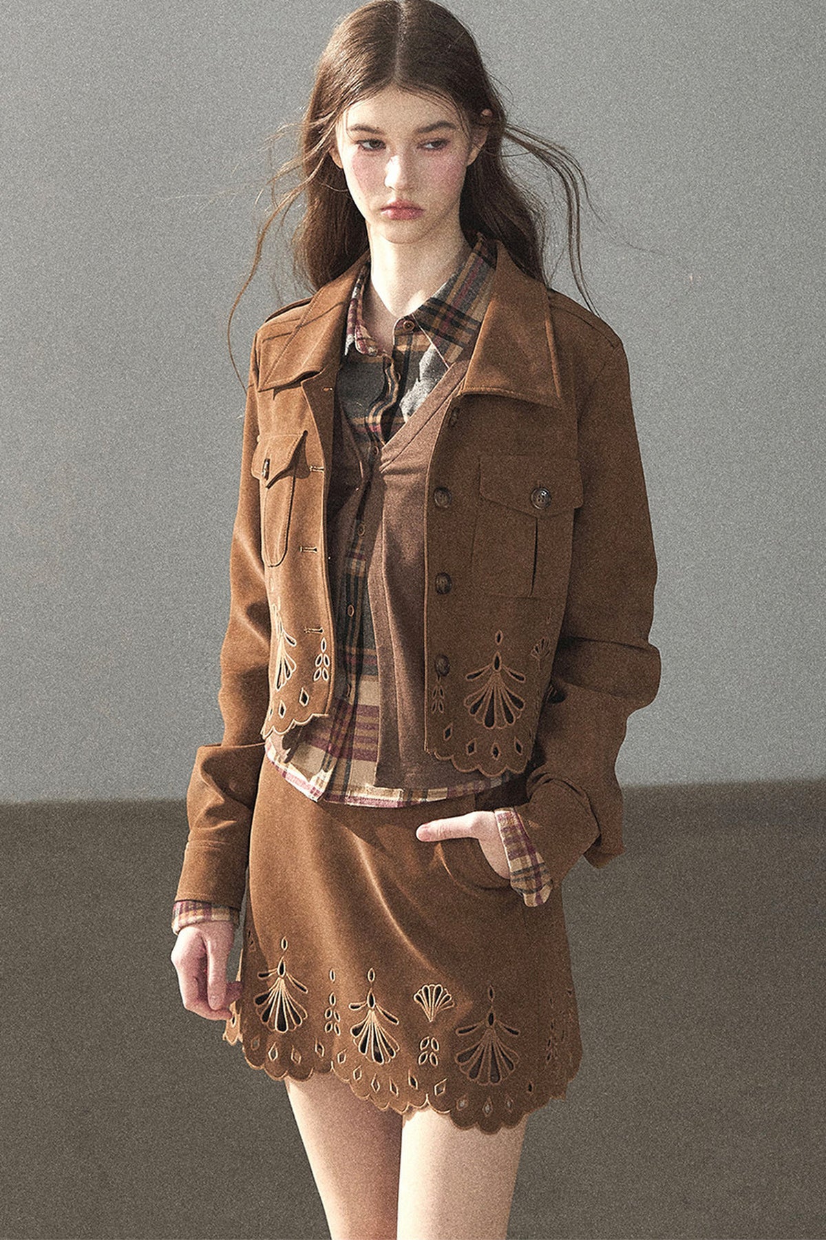 Palmblatt-Cut-out-Rock mit Oberteil und Jacke im Set