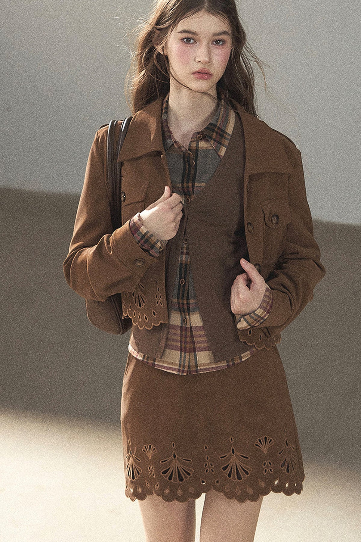 Palmblatt-Cut-out-Rock mit Oberteil und Jacke im Set