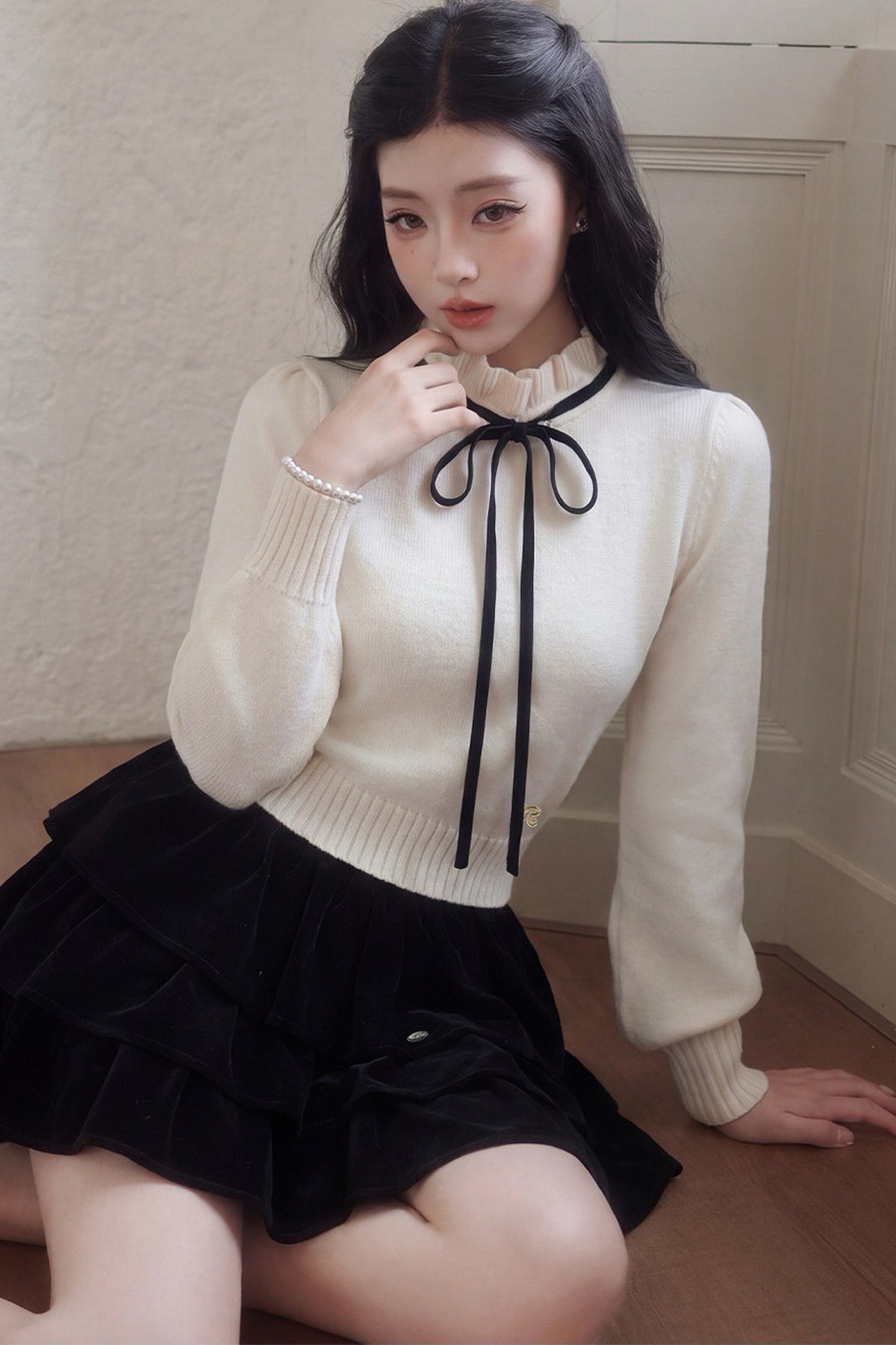 Bow High-Neck Knit Sweater and Skirt Set-Up