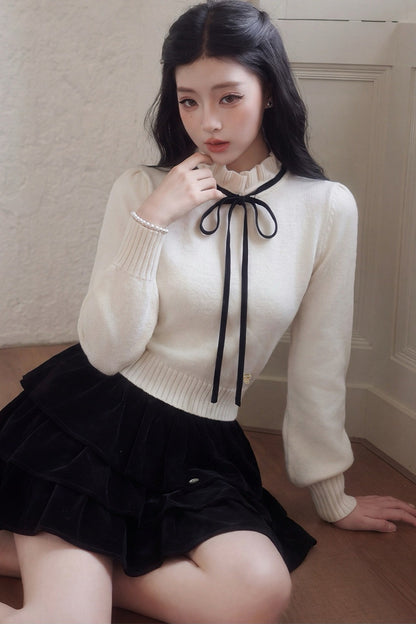Bow High-Neck Knit Sweater and Skirt Set-Up