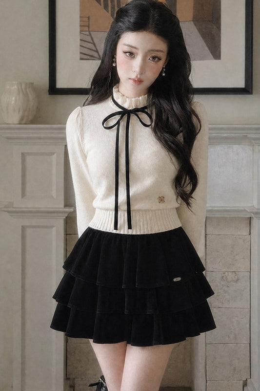Bow High-Neck Knit Sweater and Skirt Set-Up