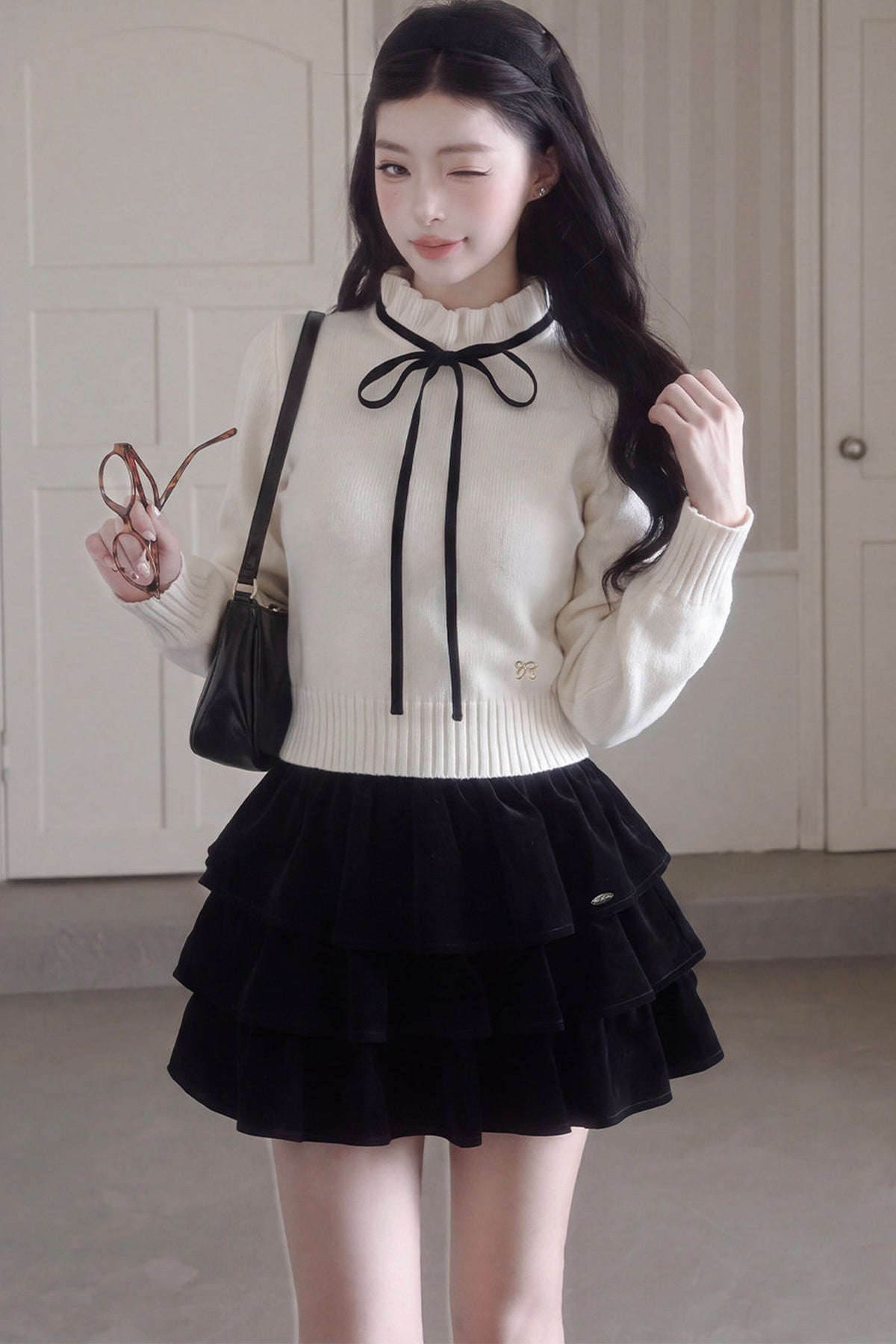 Bow High-Neck Knit Sweater and Skirt Set-Up