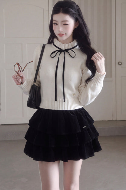 Bow High-Neck Knit Sweater and Skirt Set-Up
