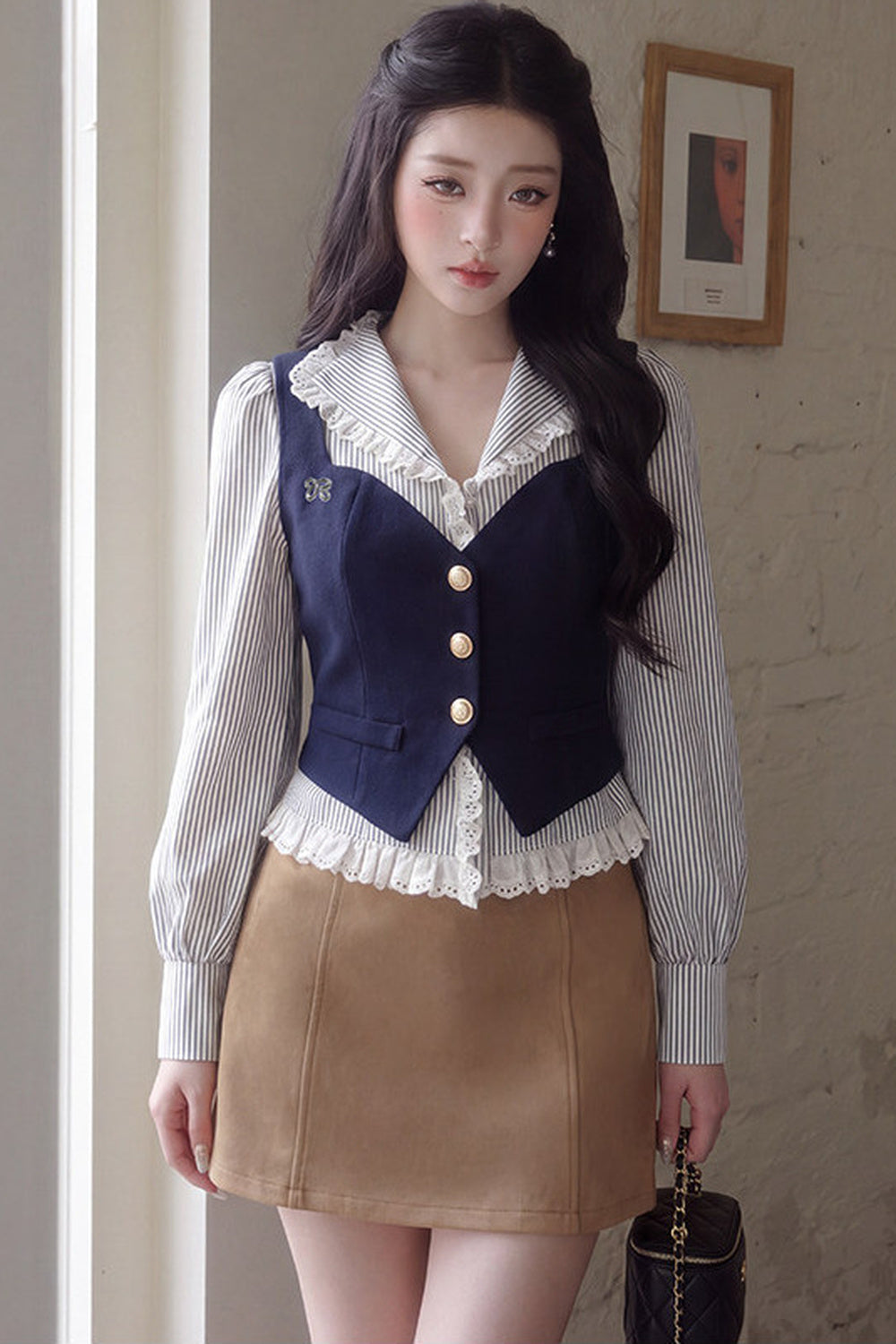V-Neck Puff Sleeve Lace Blouse