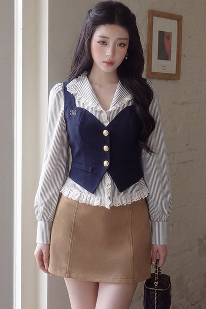 V-Neck Puff Sleeve Lace Blouse