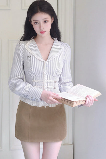 V-Neck Puff Sleeve Lace Blouse