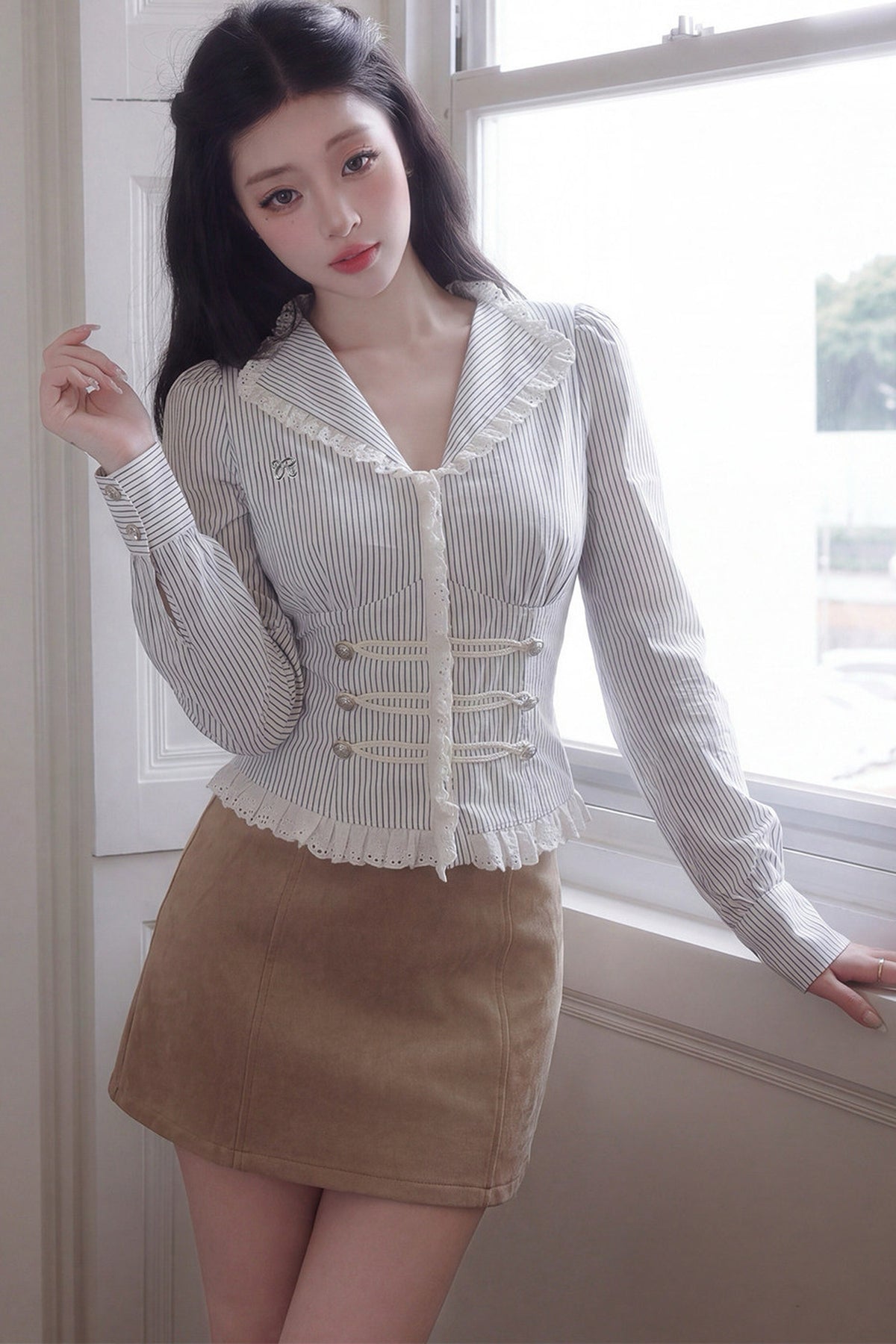 V-Neck Puff Sleeve Lace Blouse