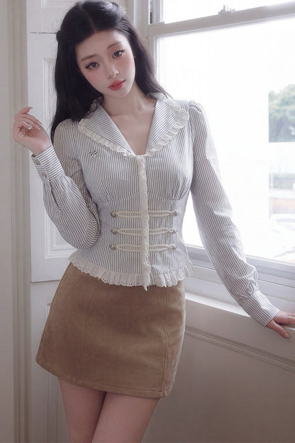 V-Neck Puff Sleeve Lace Blouse