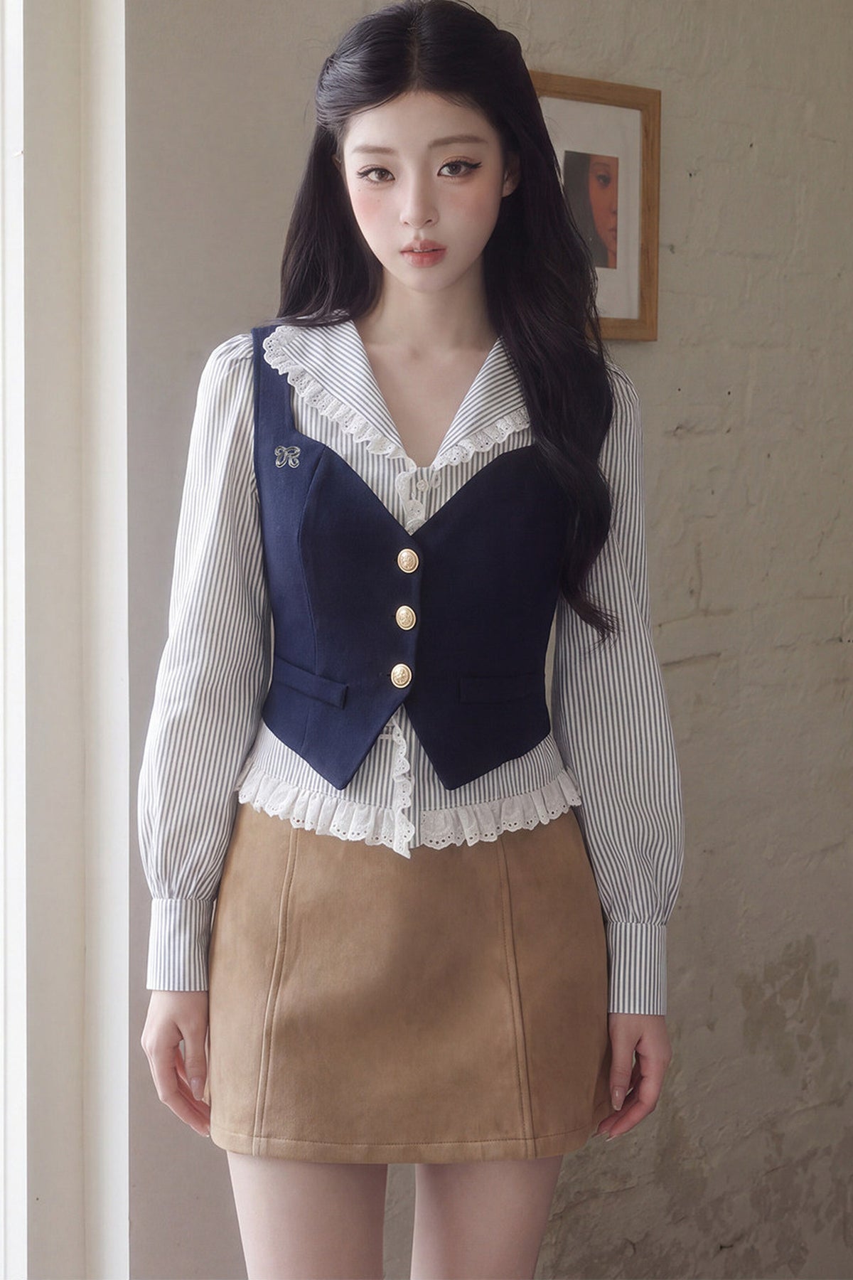 V-Neck Puff Sleeve Lace Blouse