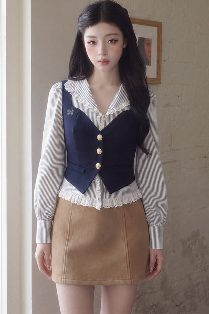 V-Neck Puff Sleeve Lace Blouse