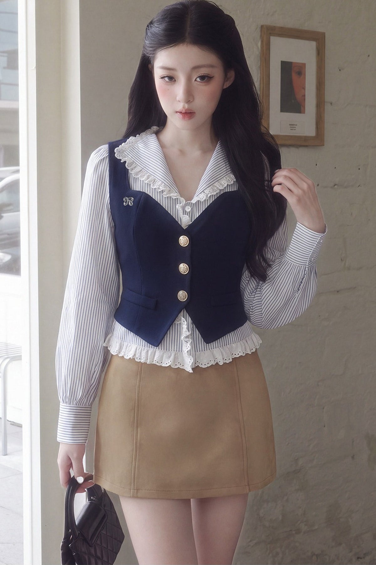 V-Neck Puff Sleeve Lace Blouse