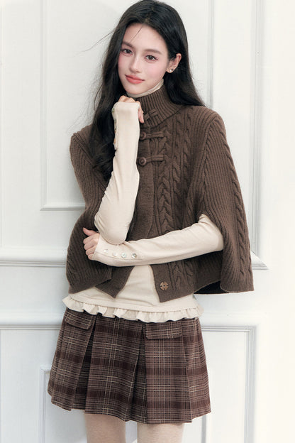 Double-Breasted Pleated Plaid A-Line Skirt