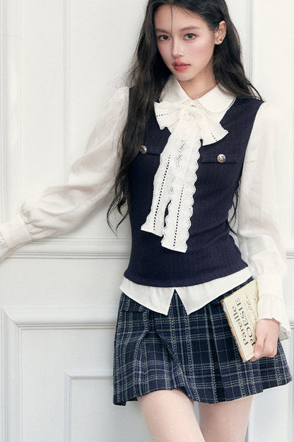Double-Breasted Pleated Plaid A-Line Skirt