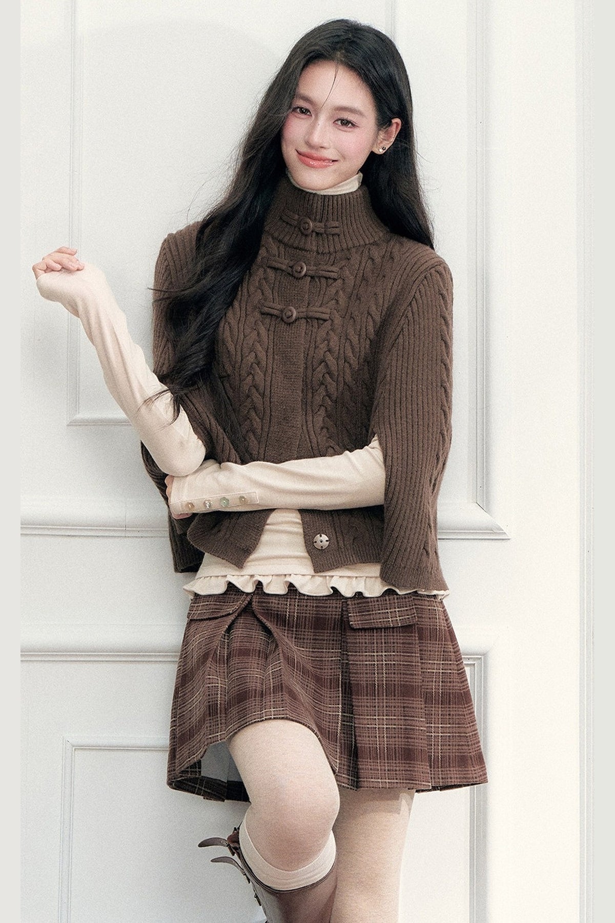 Double-Breasted Pleated Plaid A-Line Skirt